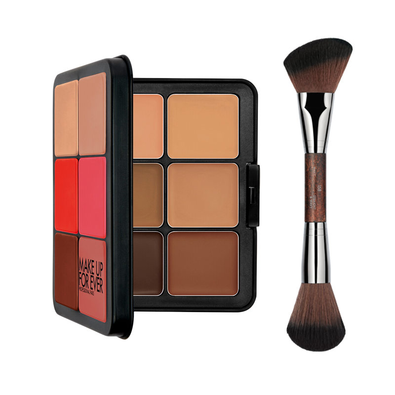 HD SKIN FACE ESSENTIALS PALETTE WITH HIGHLIGHTERS DUO - Multi-Use Cream Foundation, Blush, & Highlight Palette with Brush​
