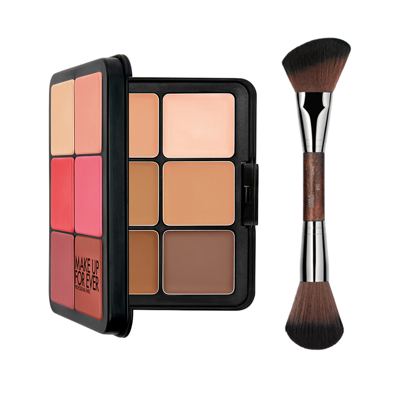 HD SKIN FACE ESSENTIALS PALETTE WITH HIGHLIGHTERS DUO - Multi-Use Cream Foundation, Blush, & Highlight Palette with Brush​